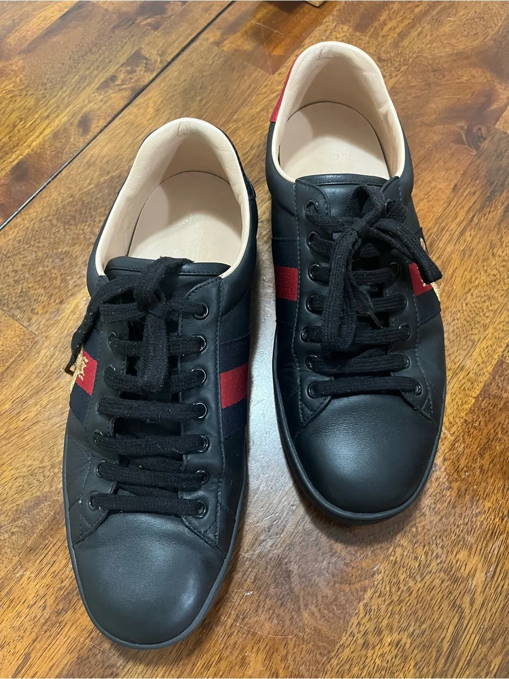 Gucci Black Leather Sneakers with Red & Blue  Stripes and Bee On Side